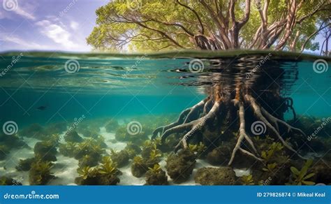 Underwater Photograph of a Tropical Mangrove Trees Roots, Above and ...