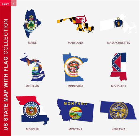 US State Maps with flag collection, nine USA map contour with flag ...