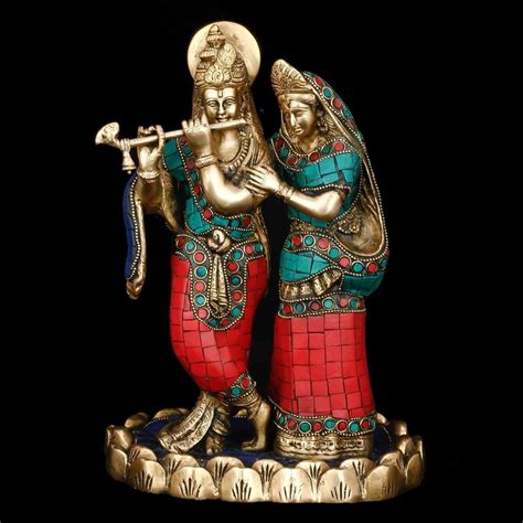 Brass Turquoise Radha Krishna Statue – HolyHinduStore