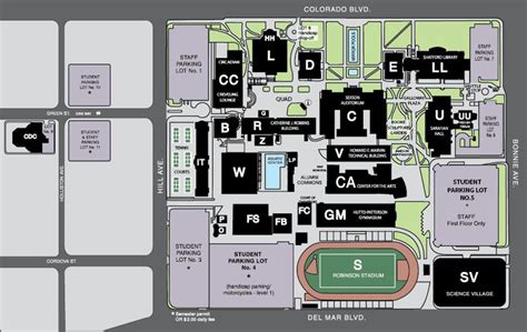 a map of the campus with several buildings and parking spots on it's sides