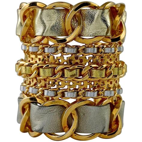 CHANEL Gold Silver Leather Chain Cuff Bracelet | Leather chain, Leather ...