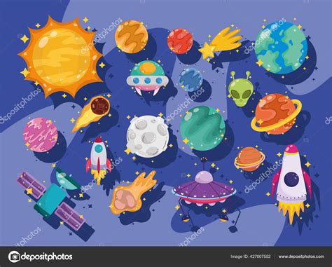 Space galaxy astronomy in cartoon set icons include sun planet alien ...