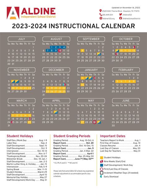 Aldine Independent School District Calendar 2023-2024 in PDF