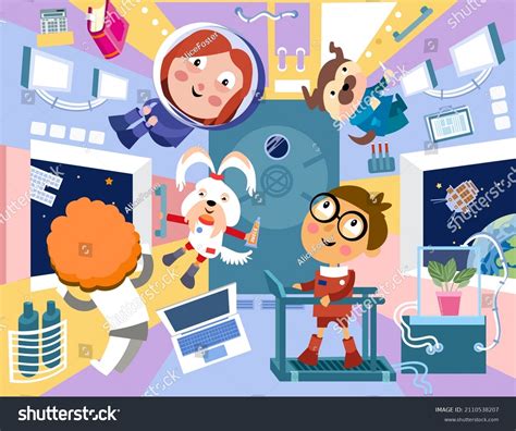 Children Astronauts Space Station Character Cartoon Stock Vector ...