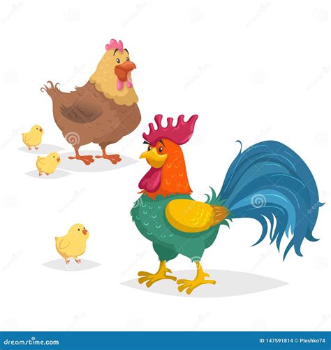 Cute Cartoon Chicken Family. Rooster. Hen And Little Chicken. Farm ...