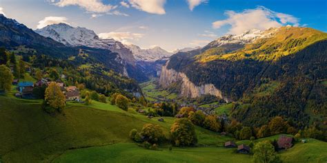 Aerial view of Lauterbrunnen valley in Switzerland with autumn colors ...