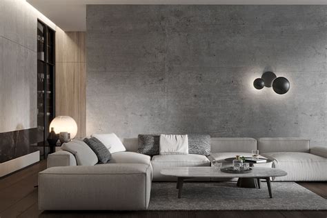 The wall of concrete in living room gives the room an industrial chic ...