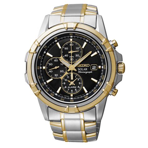 Seiko Men's Solar Two Tone Stainless Steel Chronograph Black Dial Watch