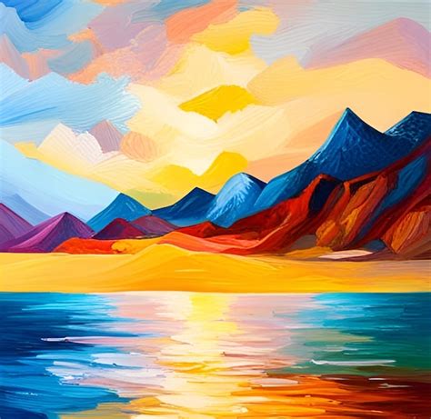 Premium Photo | A painting of mountains and the ocean with a sunset in ...