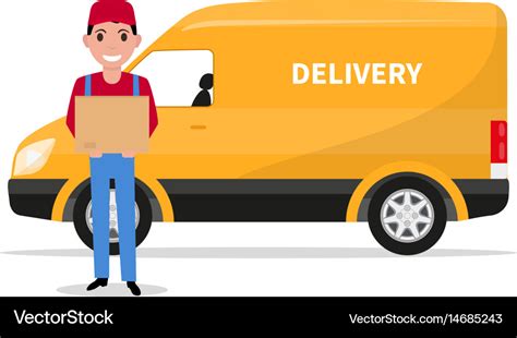 Cartoon delivery man with carton box a car Vector Image