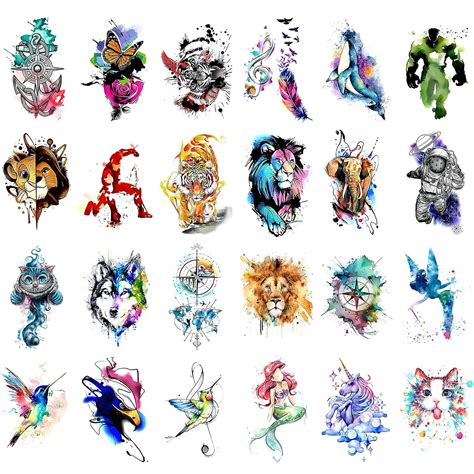 Watercolor Temporary Tattoos - Set of 48 Arm and Body Designs for ...