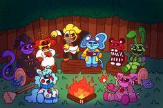 cartoon characters sitting around a campfire on the ground in front of ...