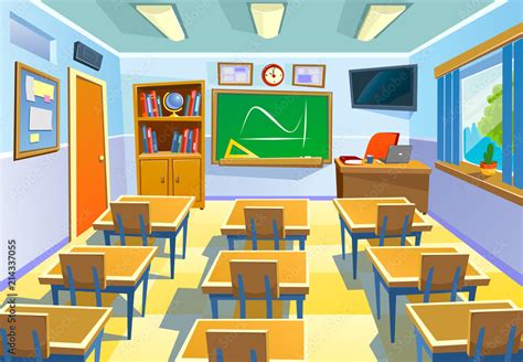 Empty School Class Room With Board Desk, Shelf, Books, Clock - Clip Art ...