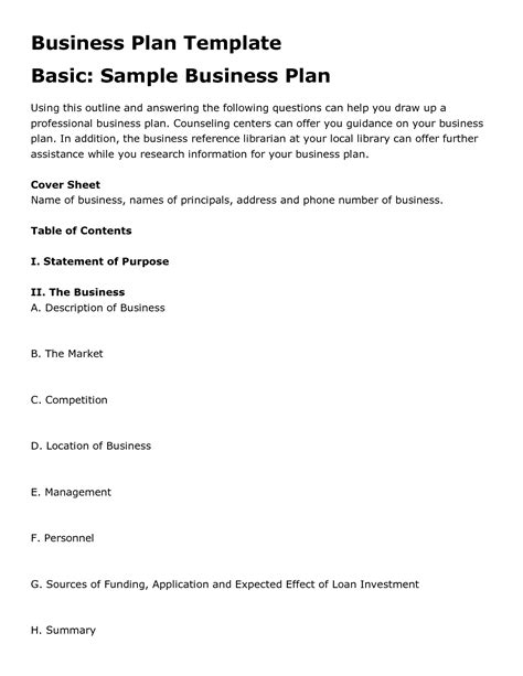 Free Printable Business Plan Template Form (GENERIC)