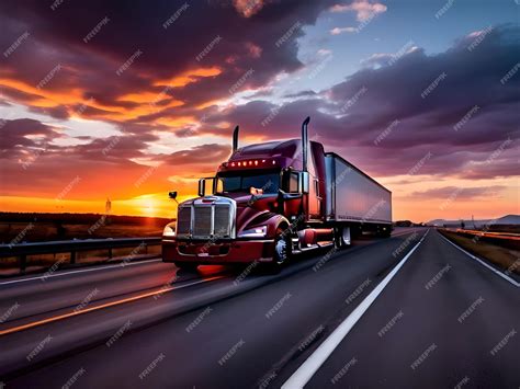 Premium Photo | A red semi truck with a sunset in the background