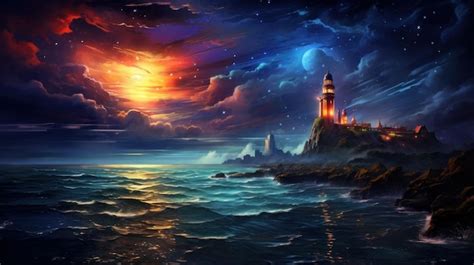 Premium AI Image | lighthouse in the ocean shines on ships at night