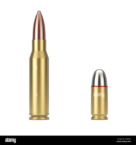 Automatic Rifles 7.62 mm Caliber and 9 mm Metal Gun Bullet on a white ...