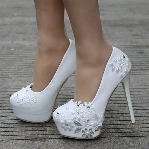 14cm super high heel wedding shoes white lace high heels rhinestone ...