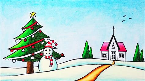 Merry Christmas Scenery Drawing | How to Draw Scenery of Snowman Church ...