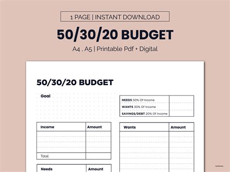 50/30/20 Budget Template Printable, Monthly Budget Planner 50/30/20 ...