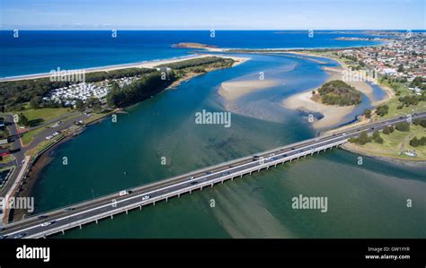 Aerial image of the bridge at Windang near the mouth of Lake Illawarra ...