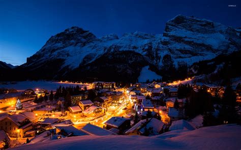 Night lights in the snowy mountain town wallpaper - World wallpapers ...