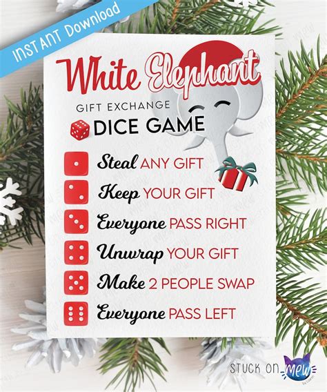 Printable White Elephant Dice Game Gift Exchange Rules, Secret Santa ...