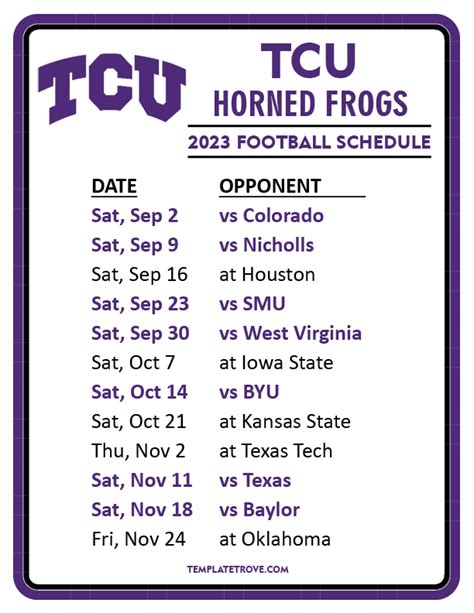 Printable 2023 TCU Horned Frogs Football Schedule