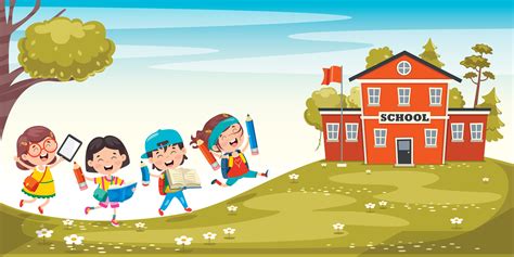 Happy Kids Walking Toward School 1219759 Vector Art at Vecteezy