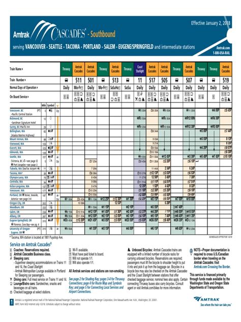 Amtrak Cascades Schedule - 010218 | Amtrak | Land Transport