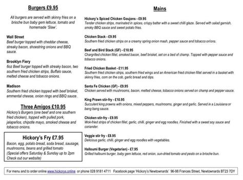 Menu at Hickory's Smokehouse & Grill BBQ, Newtownards