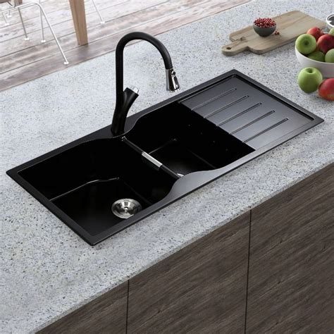 45" Drop-In Matte Black Kitchen Sink with Drainboard Double Bowl Quartz ...