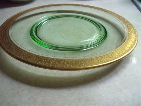 Depression Glass Dark Green Set of 6 Plates With Gold Trim - Unknown Maker