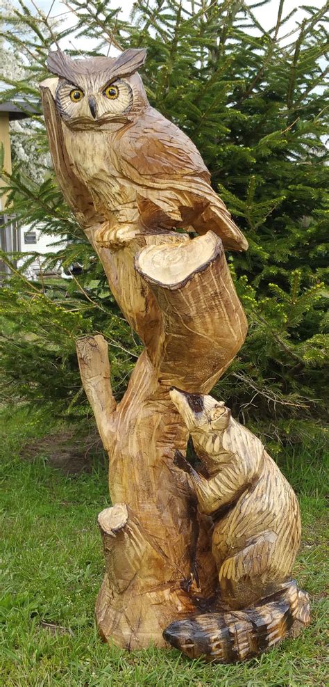 Chainsaw Carving, Owl, Raccoon, Tree, Yard Decoration, Wood Carving ...