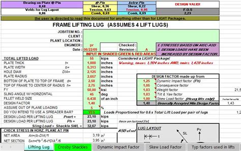 Frame Lifting Lug Design And Calculation Spreadsheet