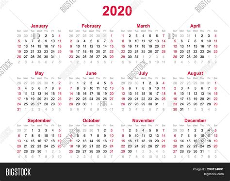 2020 Yearly Calendar Image & Photo (Free Trial) | Bigstock