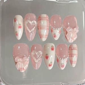 Dreamy Pink Press on Nails Nail Set With Strawberry Design Cute Bow and ...