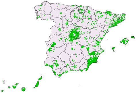 Map of Spain. In dark are the zones where the population density has ...