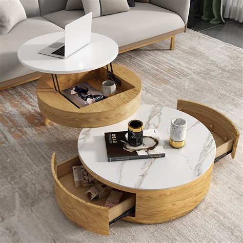 Modern Round Coffee Table with Storage Lift-Top Wood & Stone Coffee ...