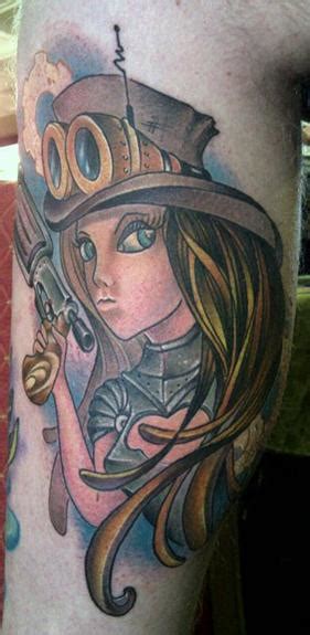 Steampunk girl with gun color leg tattoo by Jon von Glahn: TattooNOW