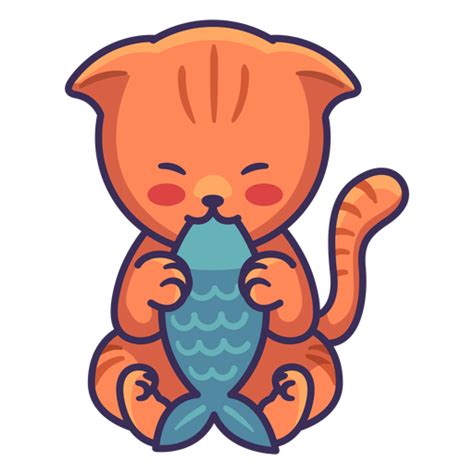 Cute cat eating fish illustration - Transparent PNG & SVG vector file