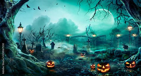 Jack O' Lanterns In Graveyard In The Spooky Night - Halloween Backdrop ...