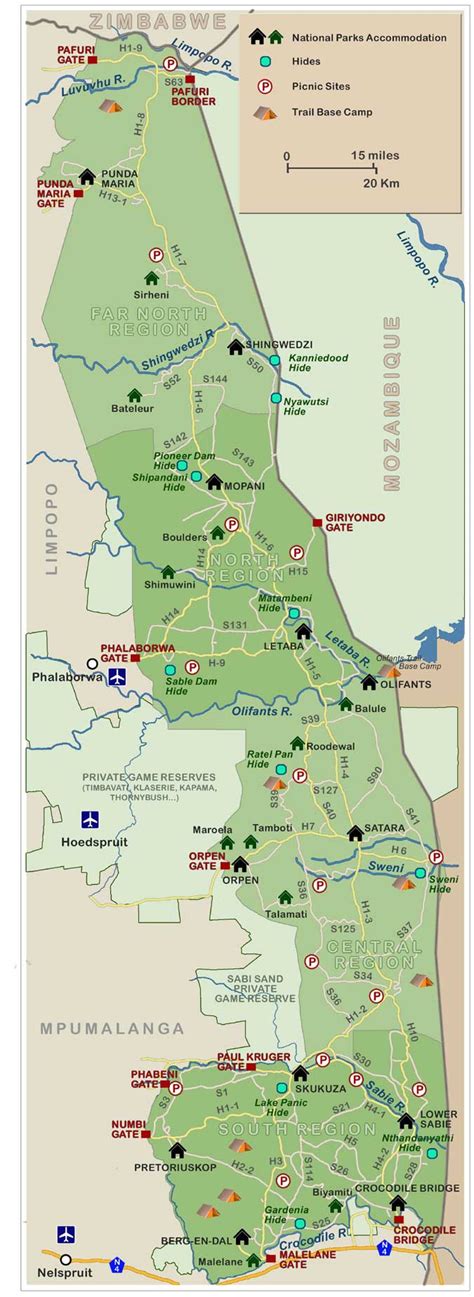 Kruger National Park Map and links to NP Travel Information and camps