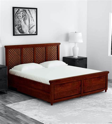 Buy Krisa Sheesham Wood King Size Bed With Drawer Storage In Honey Oak ...