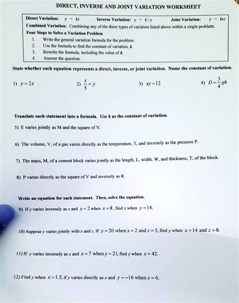 direct inverse and joint variation worksheet direct variation invcrsc ...