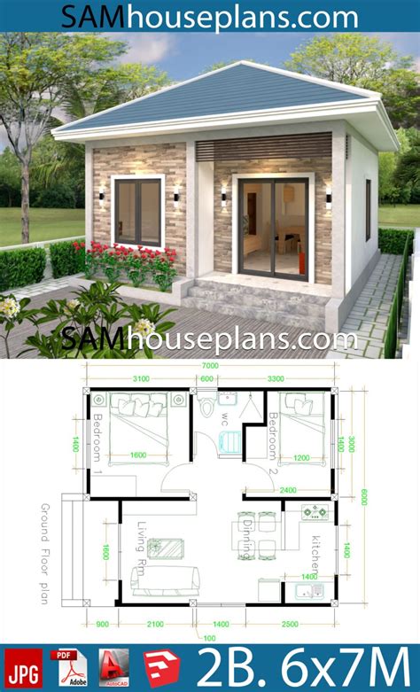 Simple House design 6x7 with 2 bedrooms Hip Roof - SamHousePlans