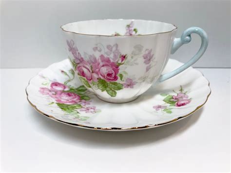 Floral Shelley Tea Cup and Saucer, Rose Teacup, Ludlow Shape, Antique ...