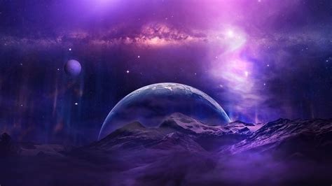 Galaxy Moon Mountain Night Planet Purple Sky Space Stars HD Galaxy ...