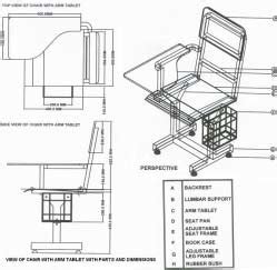 View of chair with arm tablet with dimensions and parts | Download ...