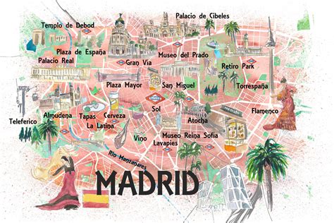 Madrid Spain Illustrated Travel Map With Roads Landmarks and - Etsy UK